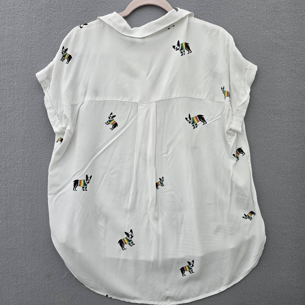 Jane Delancey White Button-Up Cap Sleeves Top with Rainbow Pride Dog Print XL - Picture 3 of 10